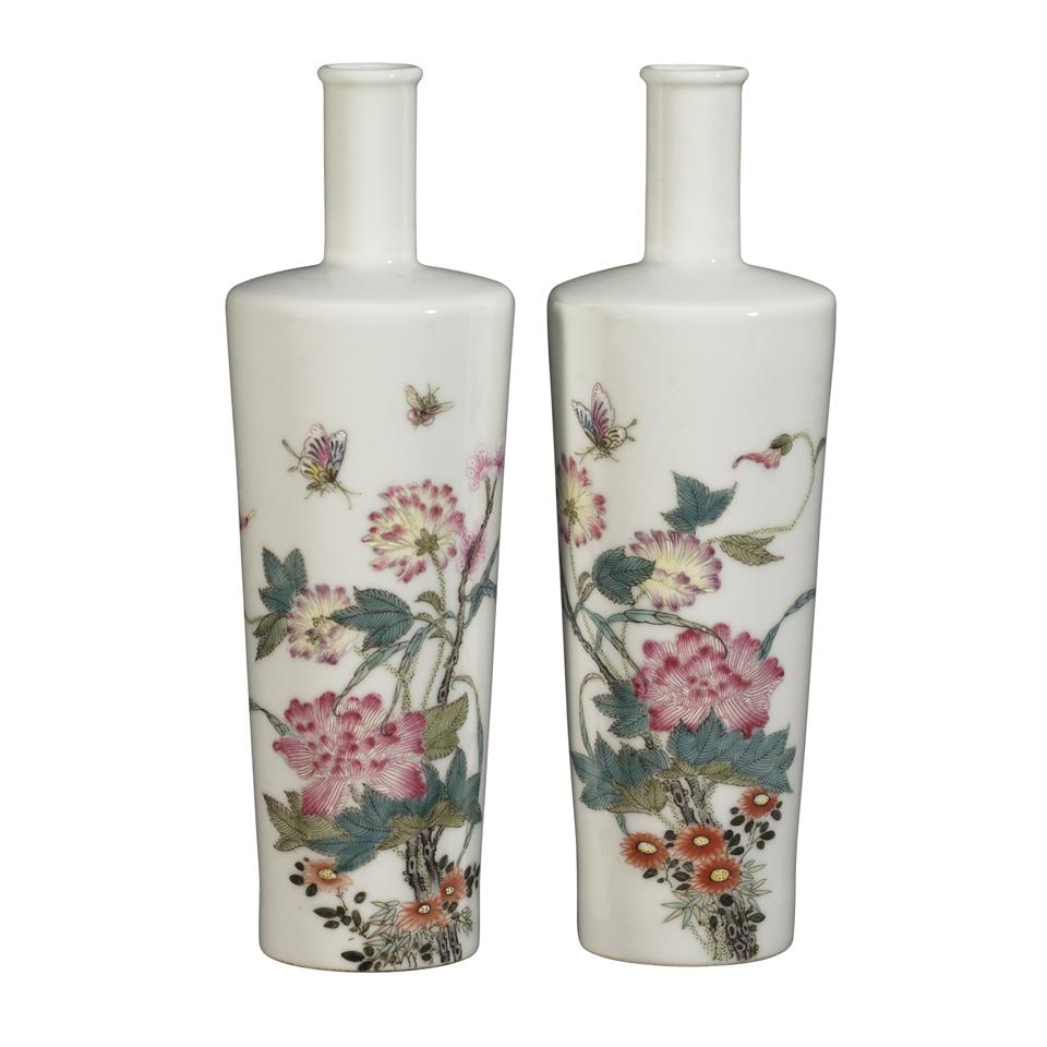 Pair of Famille Rose Bottle Vases, Qianlong Mark, Republican Period
