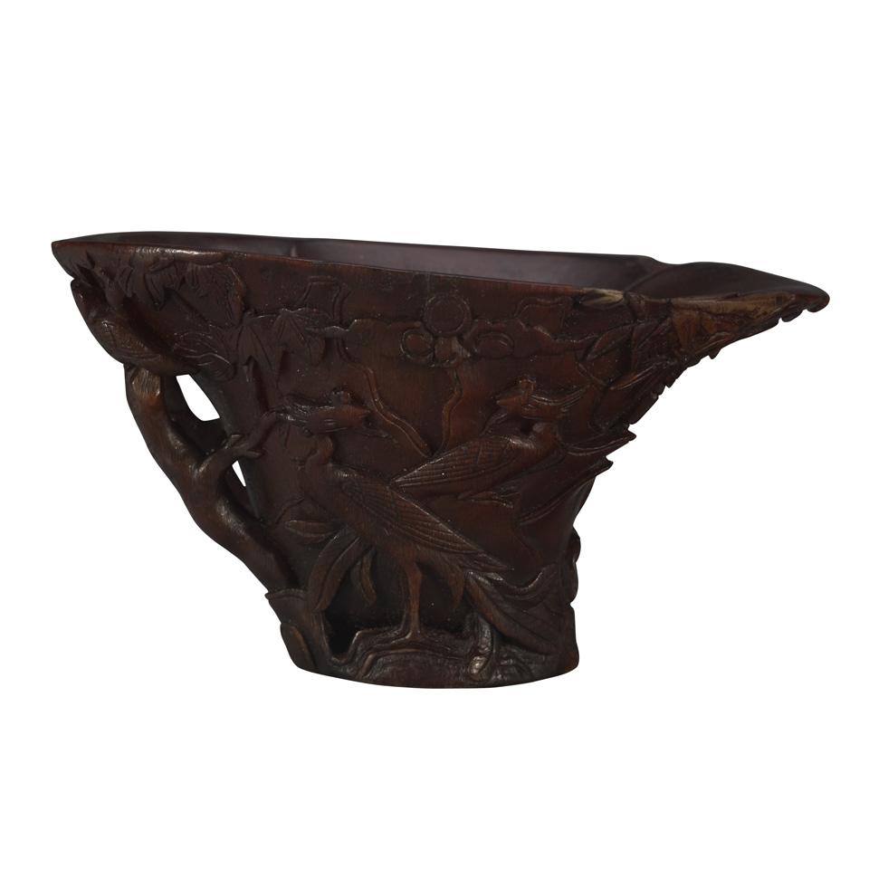 Rhinoceros Horn Carved ‘Birds of Paradise’ Libation Cup, 18th/19th Century