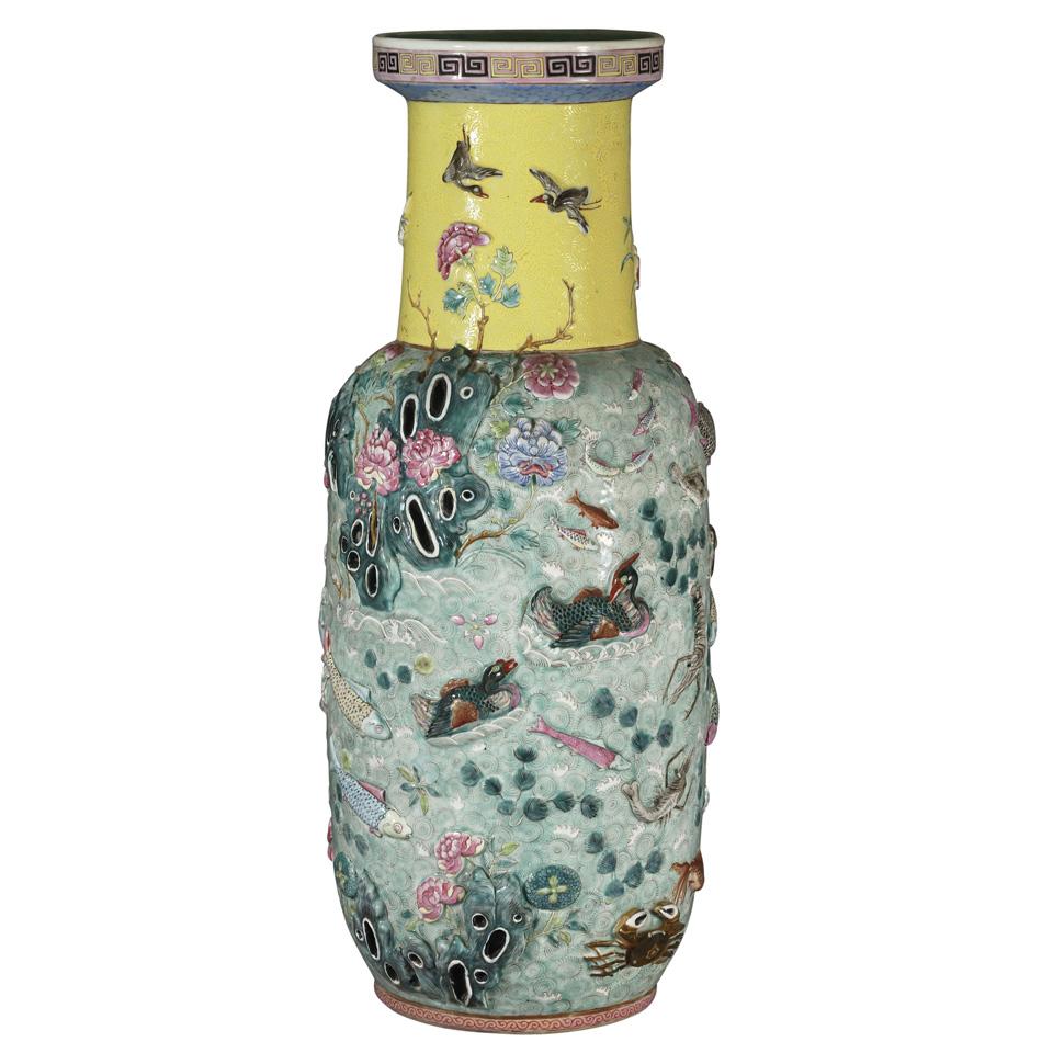 Large Moulded Famille Rose Rouleau Vase, Republican Period, Early 20th Century