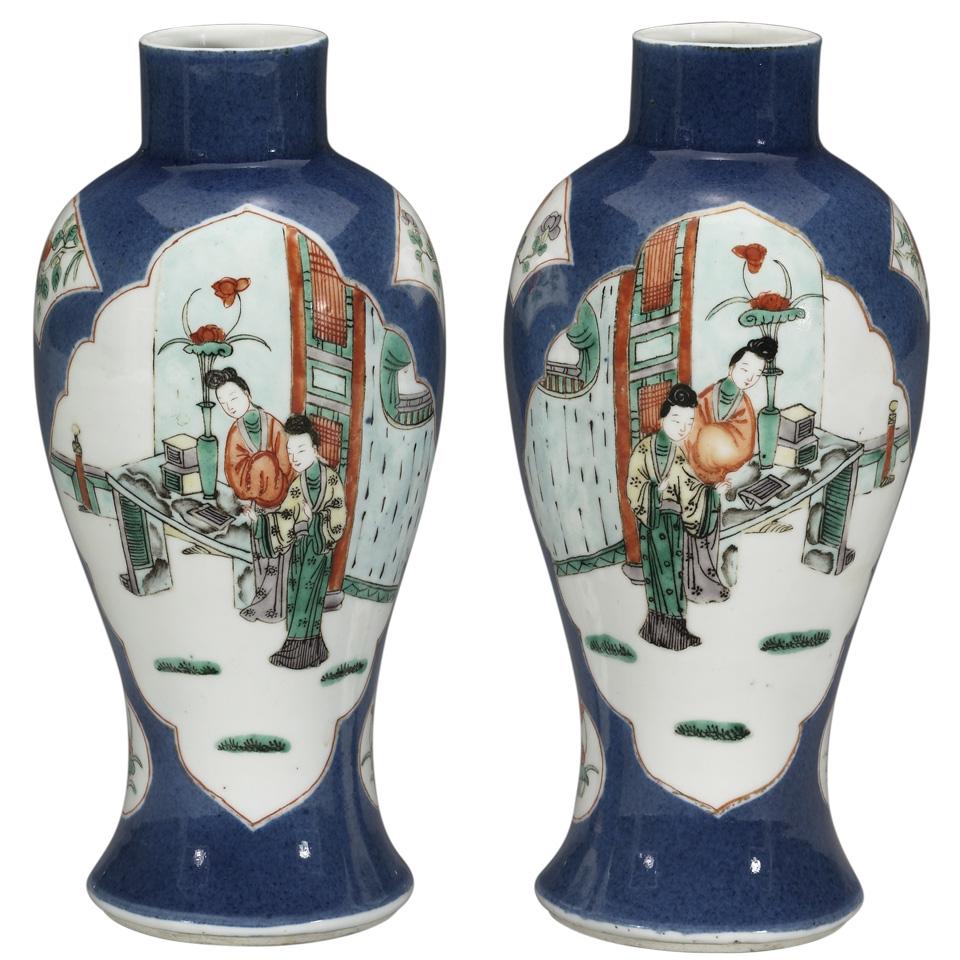 Pair Famille Verte Vases, Kangxi Mark, Late Qing Dynasty
