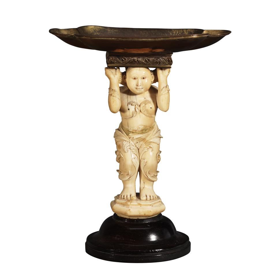 Rare Ivory Carved Compote Figure, Probably Sri Lanka, 19th Century