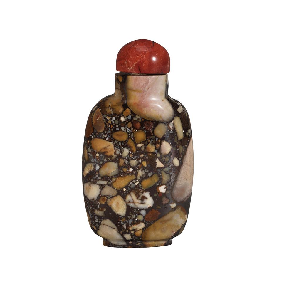 Pudding Stone Agate Carved Snuff Bottle, 19th Century