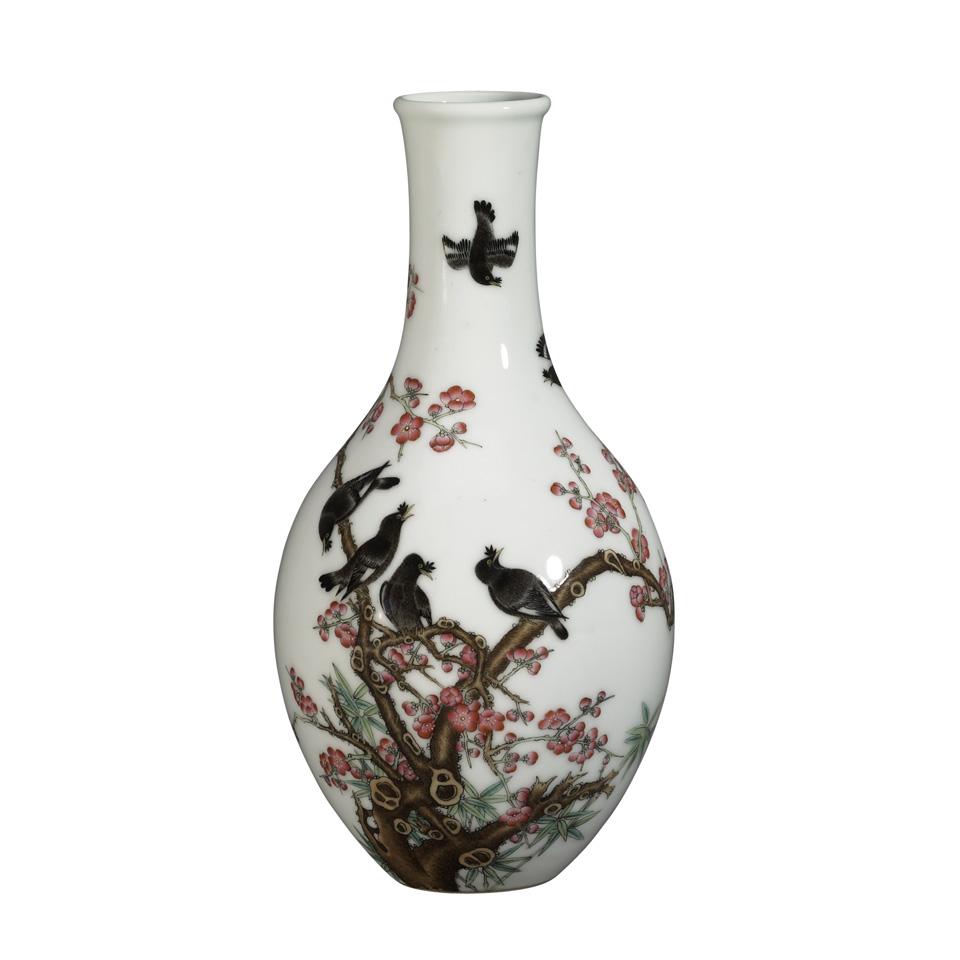Famille Rose ‘Magpie and Prunus’ Bottle Vase, Qianlong Mark