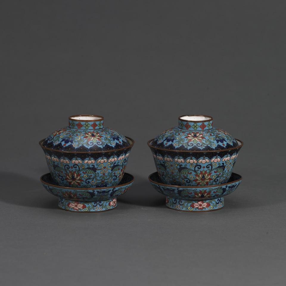 Pair of Cloisonné Enamel Tea Bowls, Covers and Stands, 19th Century