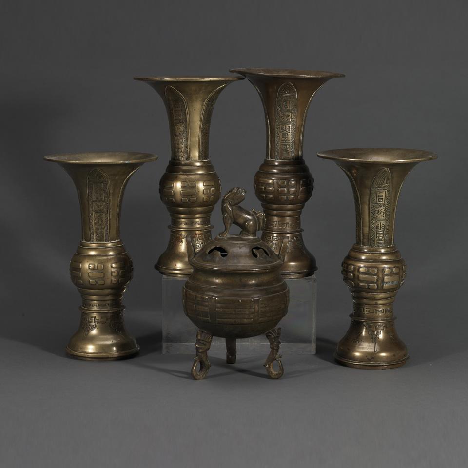 Five Piece Bronze Daoist Garniture Set, 19th Century