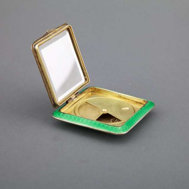 Austrian Silver and Painted Translucent Green Enamel Square Compact, 20th century