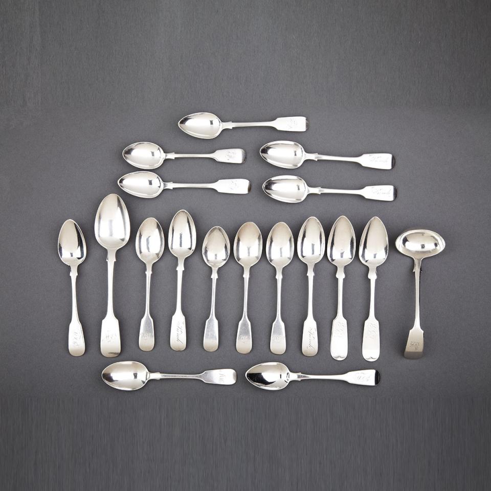 Group of Canadian Silver Fiddle Pattern Flatware, various makers, 19th century