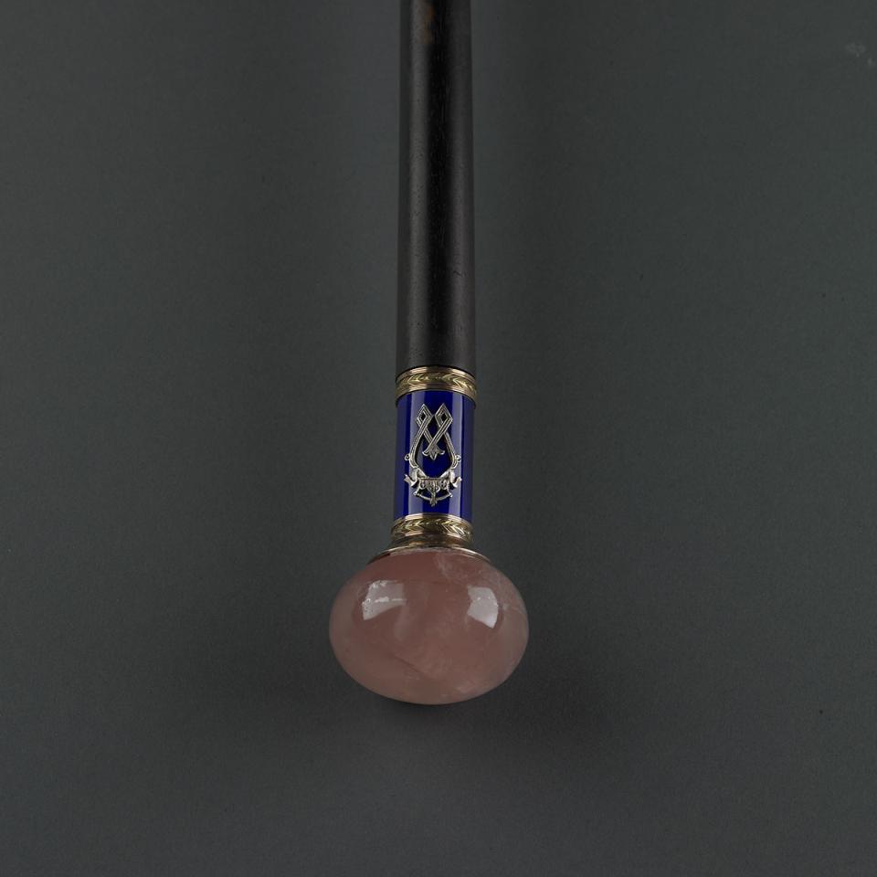 Russian Gold, Silver and Enamel Mounted Rose Quartz Cane Handle