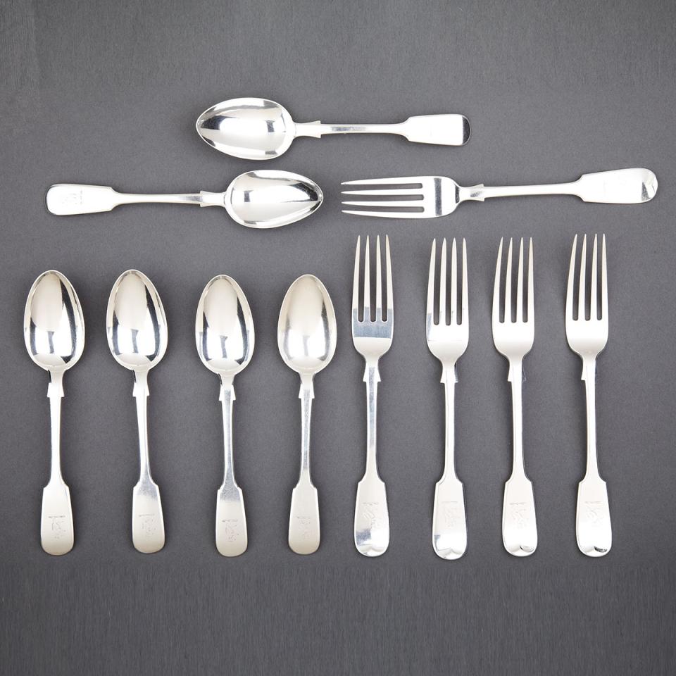 Five Canadian Silver Fiddle Pattern Table Forks and Six Dessert Spoons, Robert Hendery, Montreal, Que., late 19th century