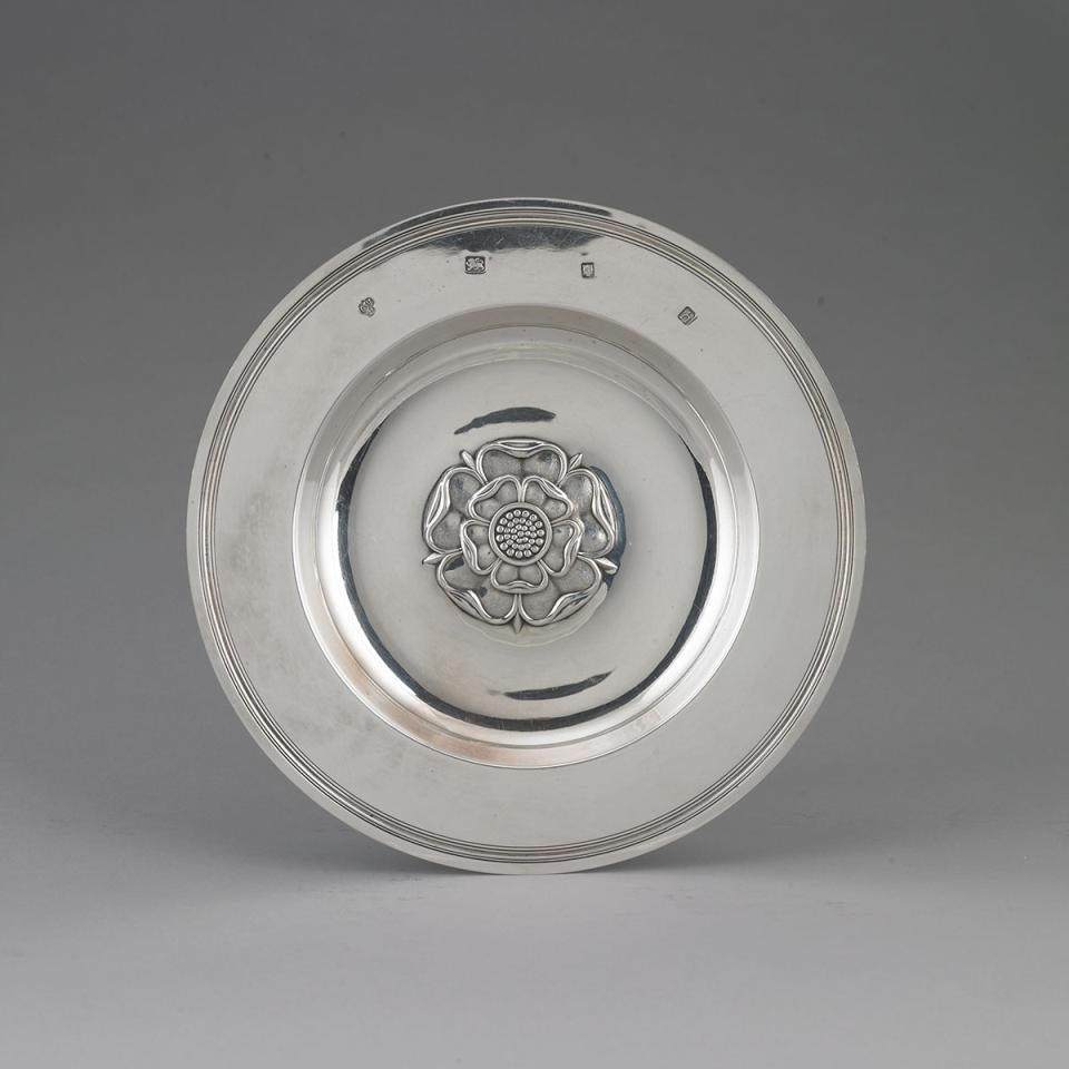 English Silver Tudor Rose Dish, C.J. Vander, London, 1963
