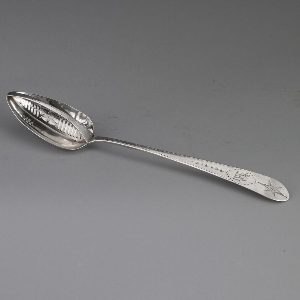 George III Irish Silver Bright-Cut Straining Spoon, John Osborne, Dublin, 1796