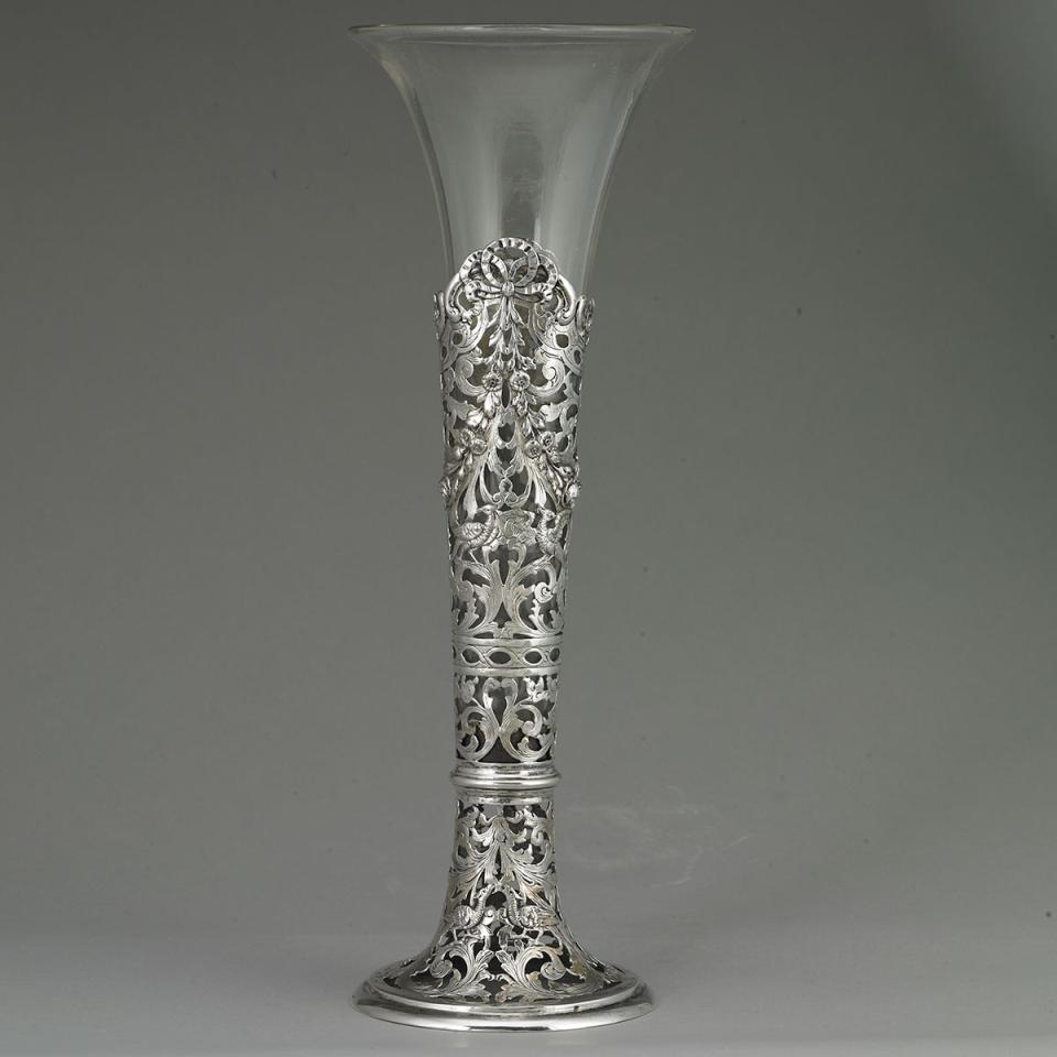 German Silver and Glass Trumpet Vase, c.1900