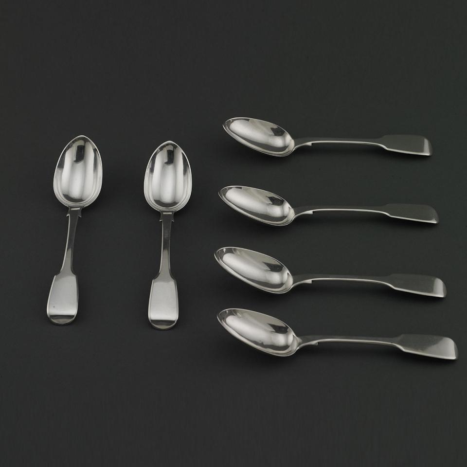 Six Victorian Silver Fiddle Pattern Dessert Spoons, Robert, James & Josiah Williams, Exeter, 1846