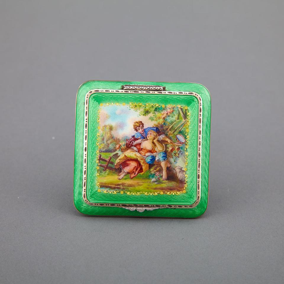 Austrian Silver and Painted Translucent Green Enamel Square Compact, 20th century