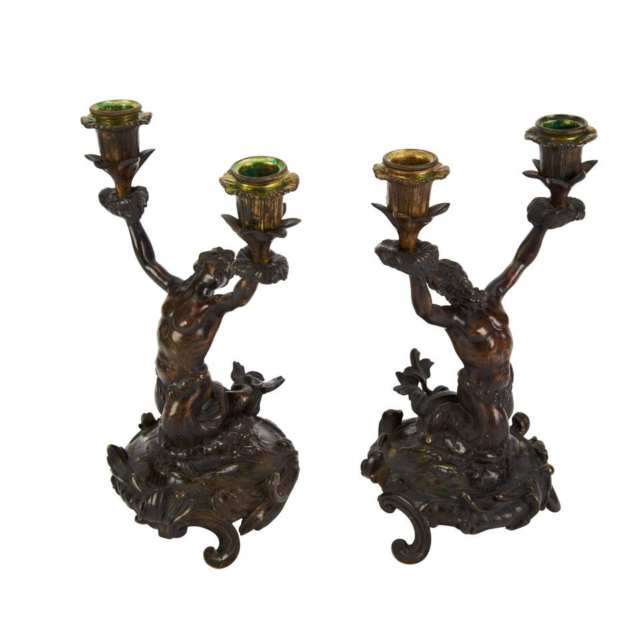 Pair of Italian Bronze Figural Two Light Candelabra, early 18th century