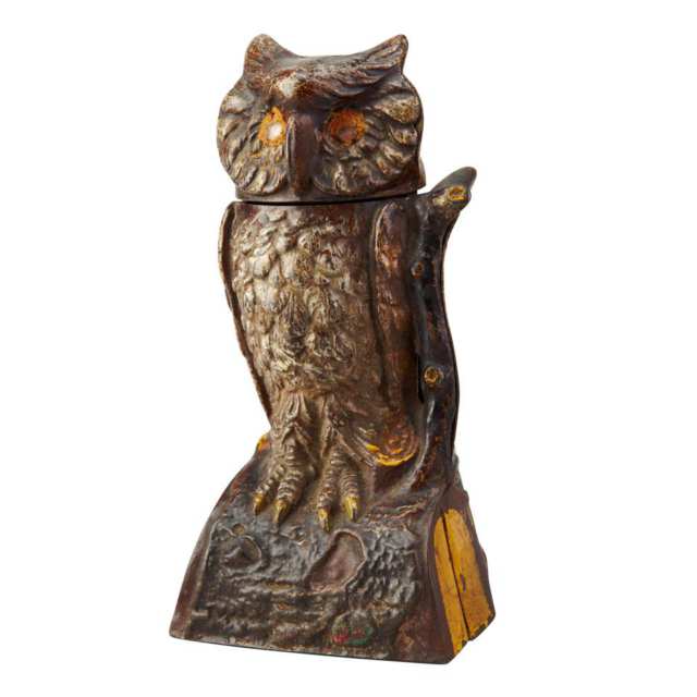 American Painted Cast Iron Owl Form Mechanical Bank, J. & E. Stevens Co., c.1875