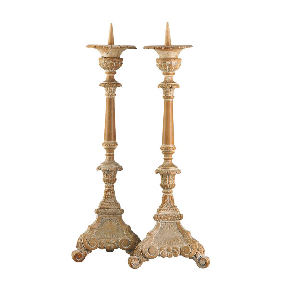 Pair Quebec Baroque Style Carved Pine Prickets, 19th century