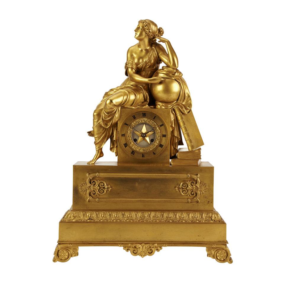 French Empire Gilt Bronze Figural Mantel Clock, c.1827