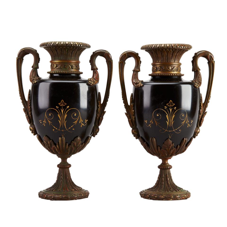Pair French Ormolu Mounted Belgian Black Marble Mantel Urns, 19th century
