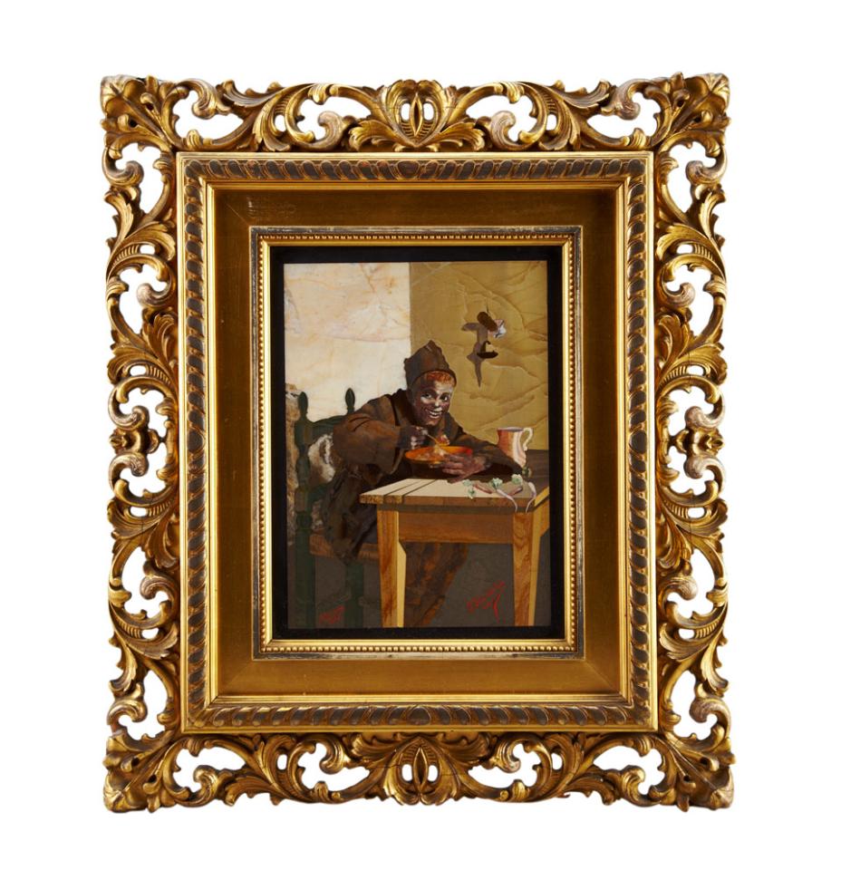 Giovanni Montelatici (Italian, 1864-1930) Florentine Pietra Dura Panel, The Hungry Chimney Sweep, c.1900