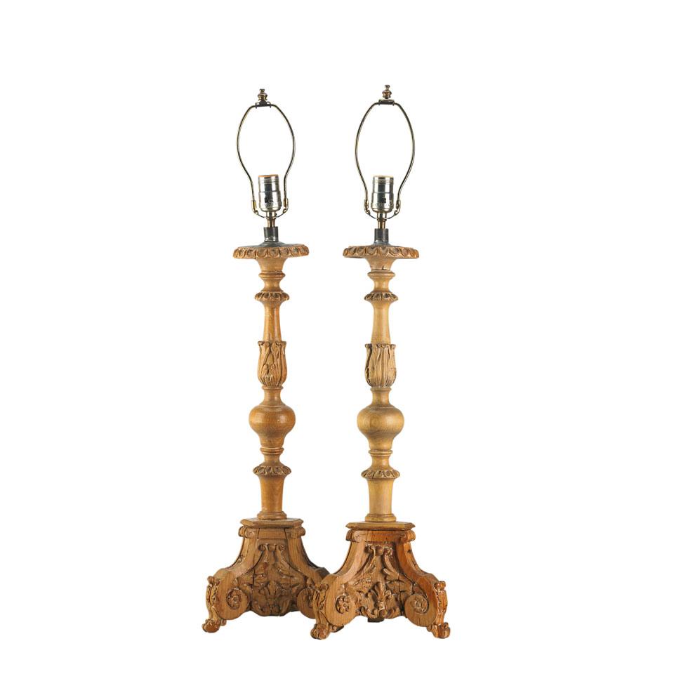 Pair of Quebec Carved Pine Prickets, 19th century