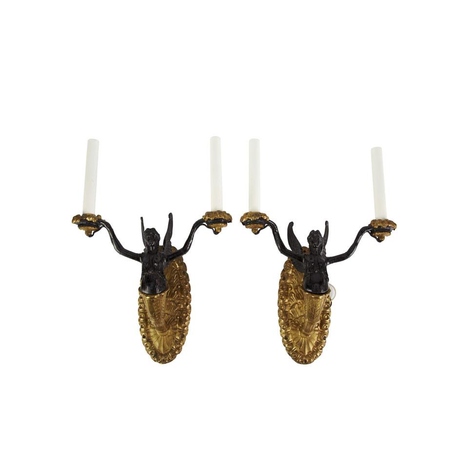 Three Piece French Empire Style Patinated and Gilt Bronze Lighting Suite, 2nd half 19th century