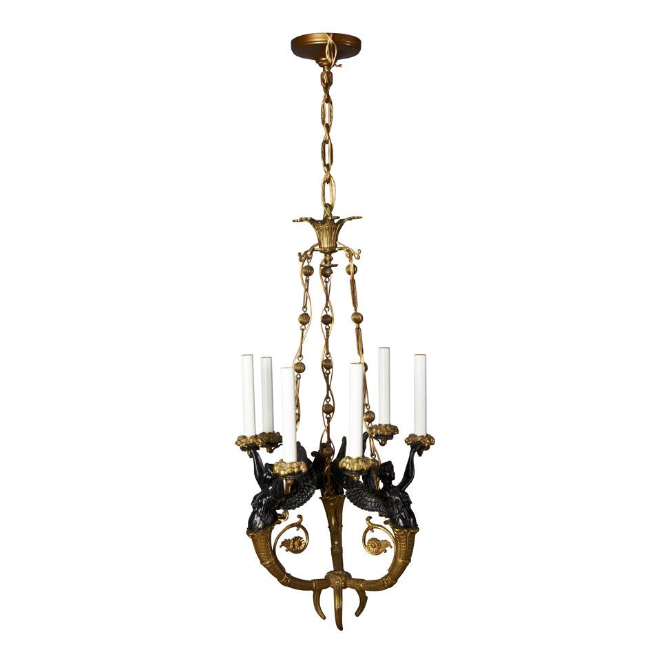 Three Piece French Empire Style Patinated and Gilt Bronze Lighting Suite, 2nd half 19th century