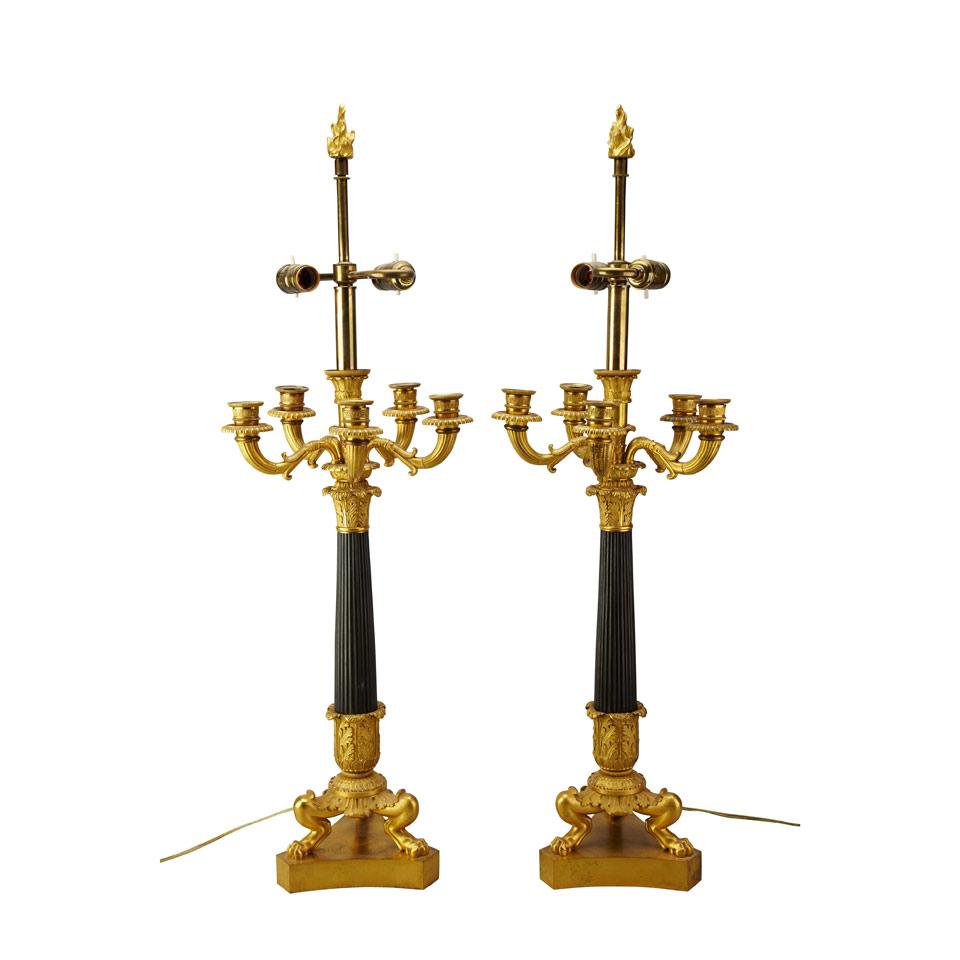 Pair of French Gilt and Patinated Bronze Empire Style Six Light Candelabra Table Lamps, 20th century