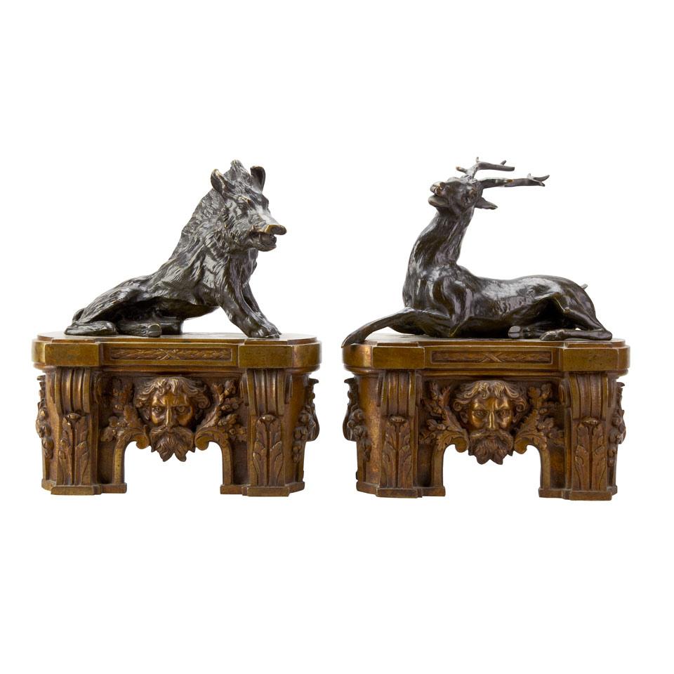 Pair of French Patinated and Gilt Bronze Chenets, early 19th century
