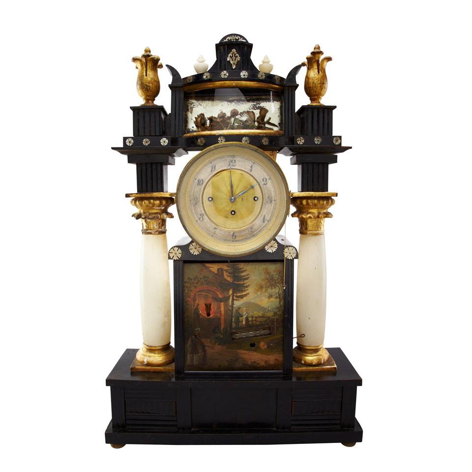 Austrian Ebonized and GIltwood Alabaster and Abalone Mounted Automaton Grande Sonnerie Mantel Clock, c.1820