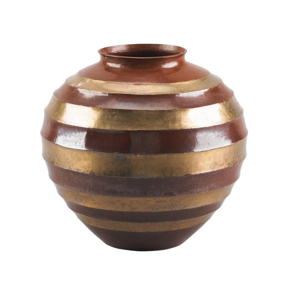 Japanese Hammered Copper Vase, Gyukusendo, mid 20th century