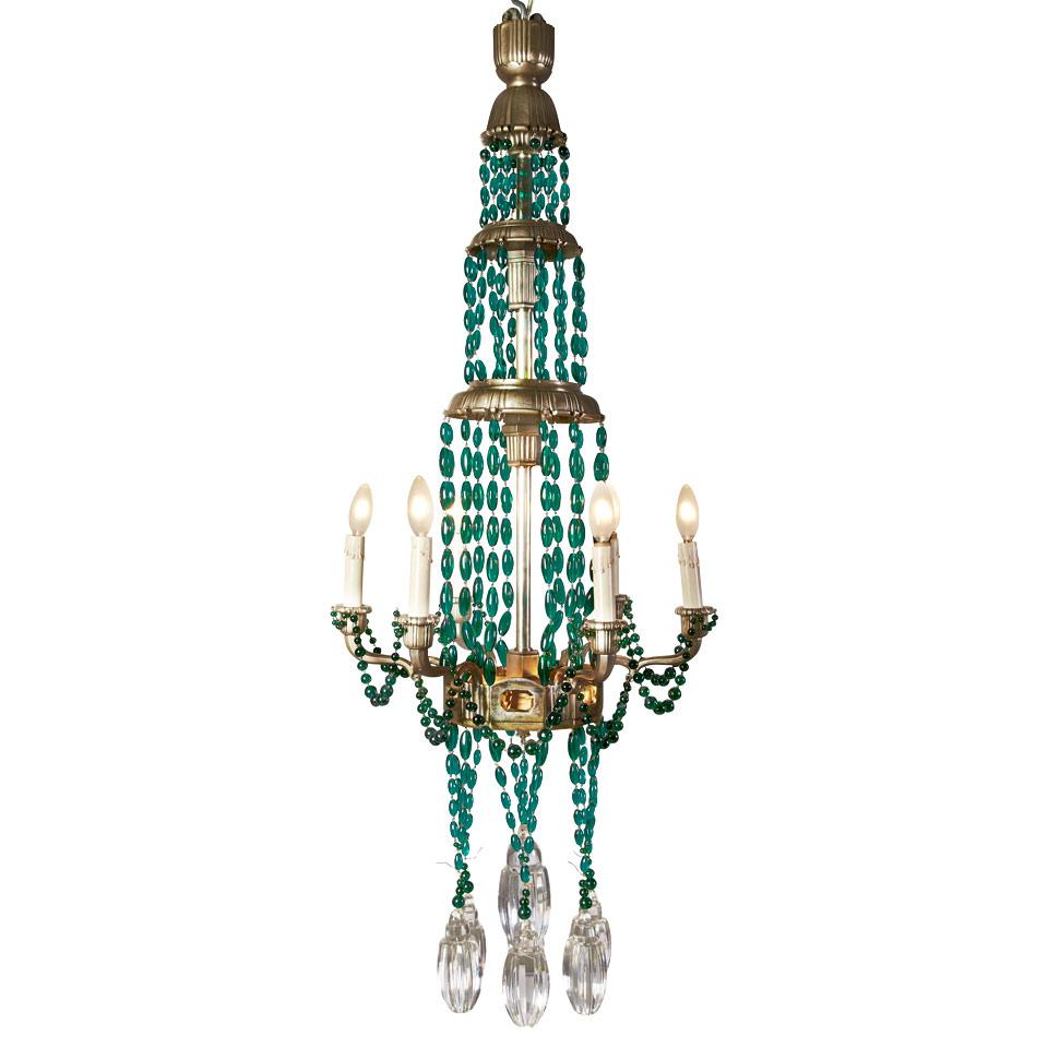 French Art Deco Silvered Bronze and Glass Nine Light Chandelier, c.1920