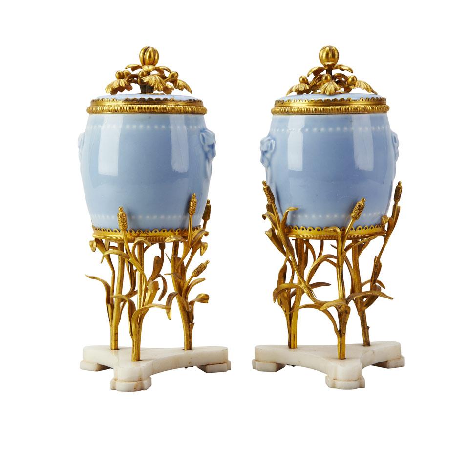 Pair of French Ormolu Mounted Porcelain Pot Pourri Vases on Stands, c.1860