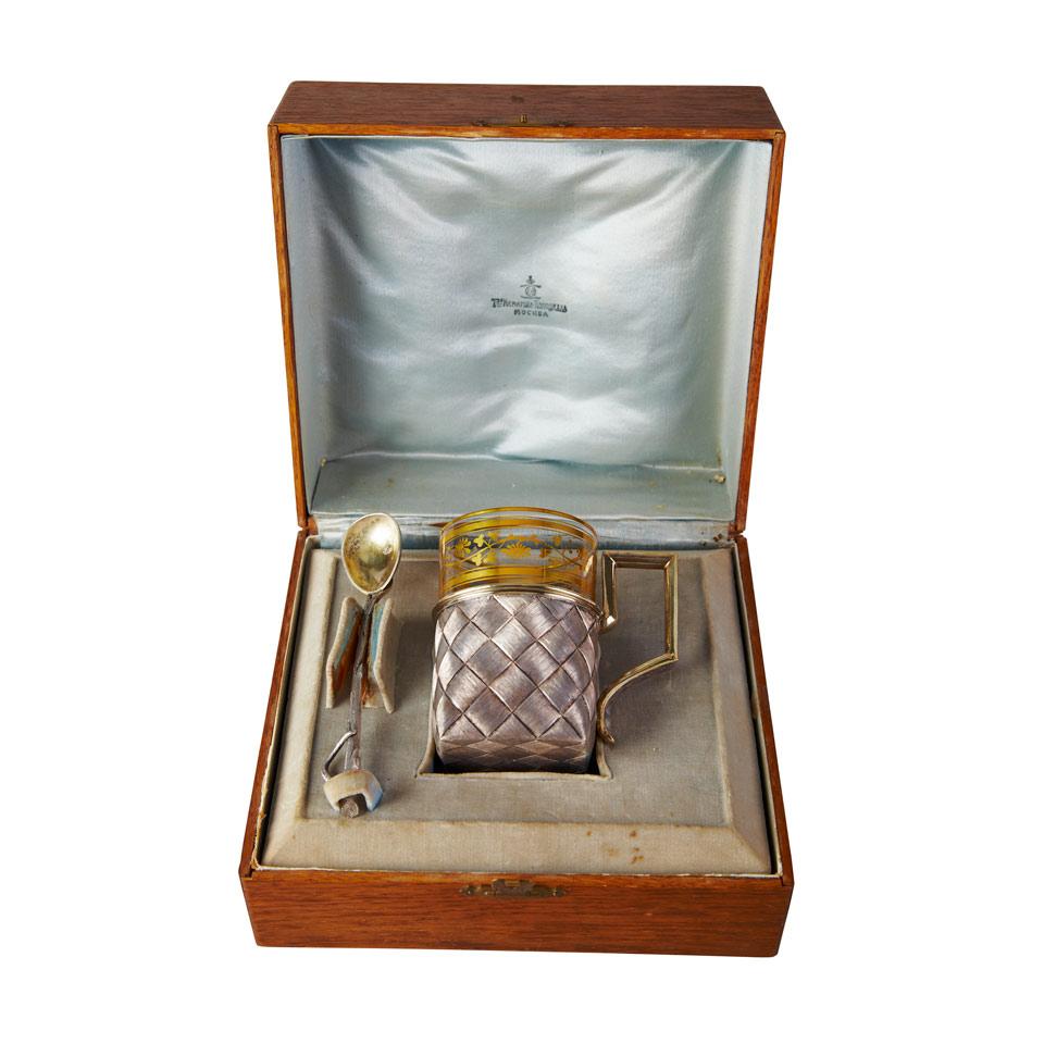 Russian Silver Parcel-Gilt ‘Basket Weave’ Tea Glass Holder, Vasily Icanov, St. Petersburg, 1889