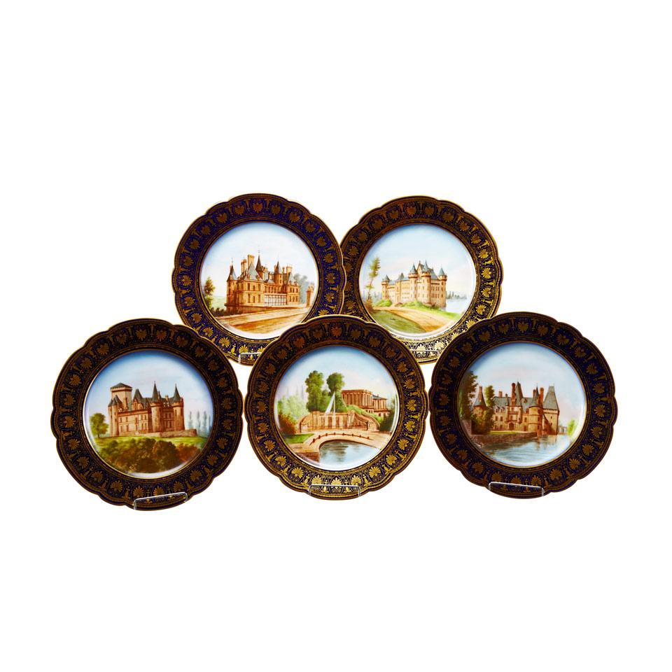 Five Sèvres Topographical Chateau Plates, signed J. Schuler, late 19th century