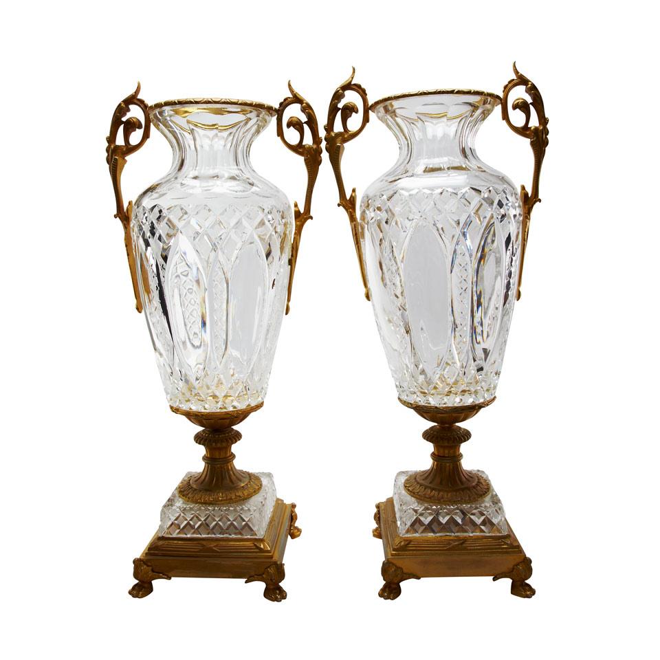 Pair Large Austrian Ormolu Mounted Cut Glass Vases, mid 20th century