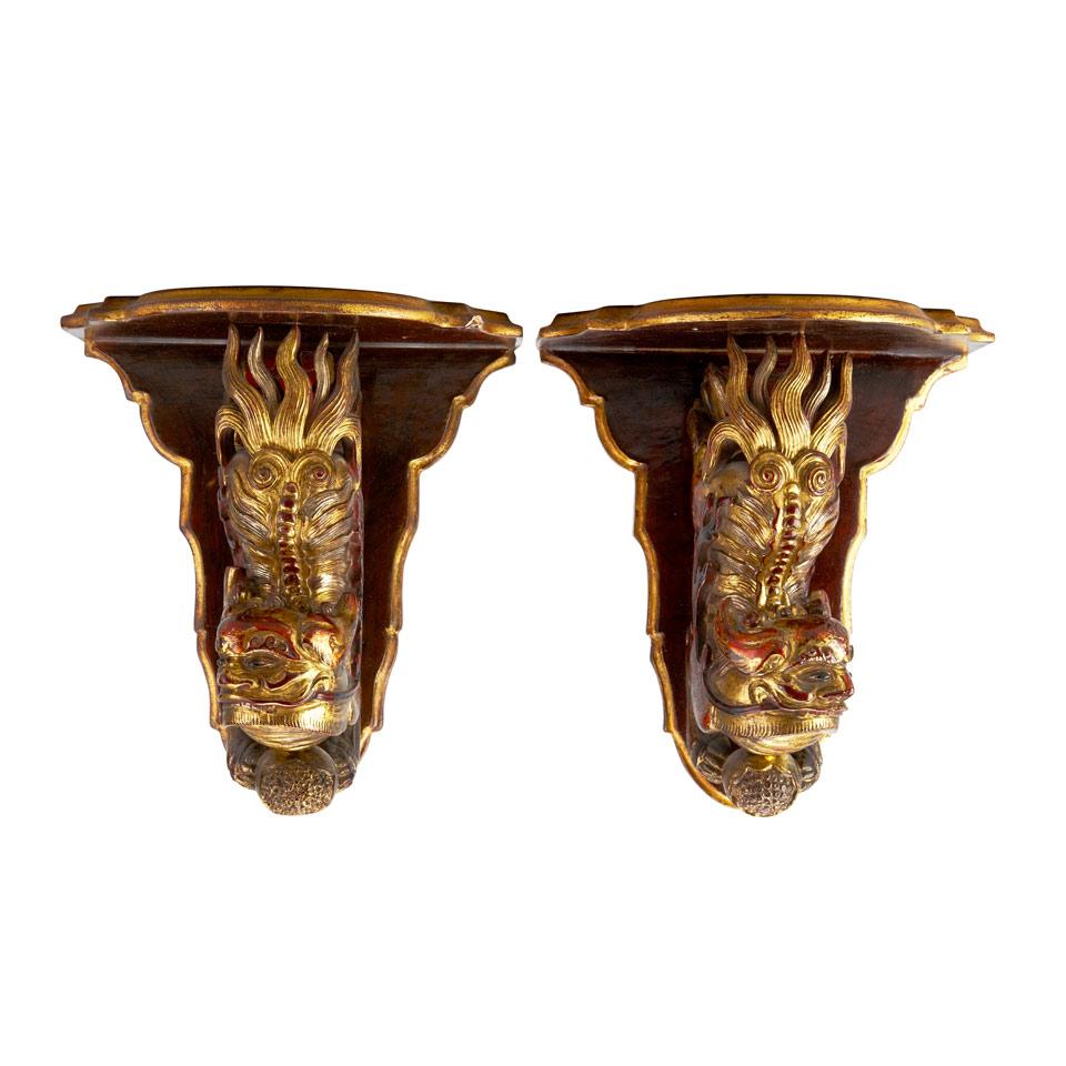Pair of Sino-Italian Parcel Gilt Lacquered Wall Brackets, c.1920