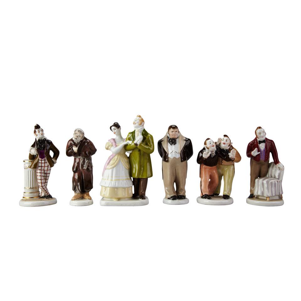 Six Lemonosov Porcelain Figures from Gogol’s ‘Dead Souls’ and ‘The Government Inspector’, 20th century