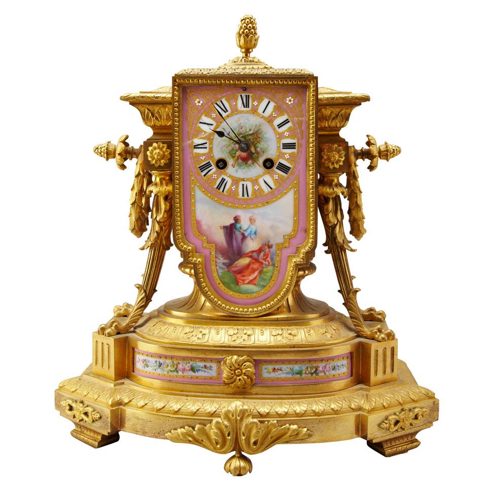 Louis XVI Style Sevres Porcelain Mounted Gilt Bronze Mantel Clock, 2cd half, 19th century