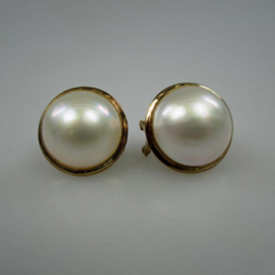 Pair Of 14k Yellow Gold And Mabé Pearl Earrings