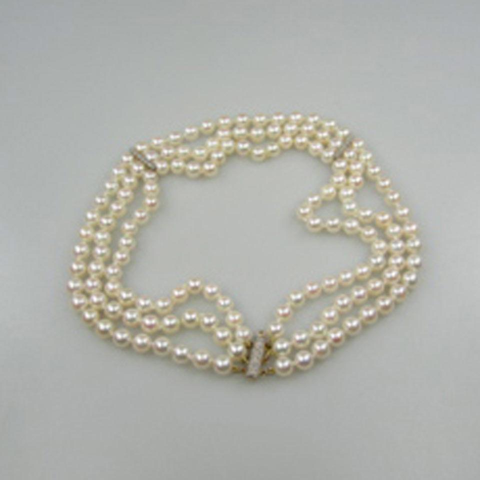 Triple Strand Cultured Pearl Choker Necklace