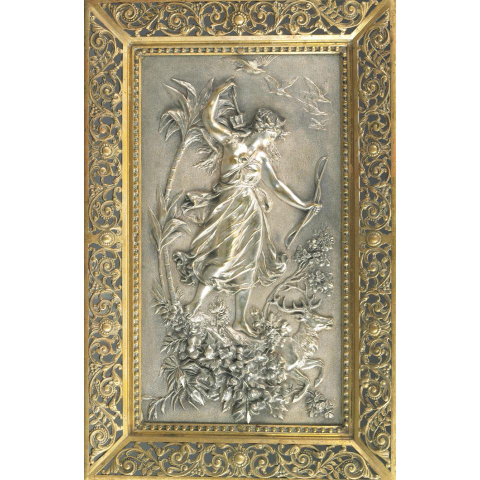Continental Silvered Bronze Plaque of Diana the Huntress, late 19th century