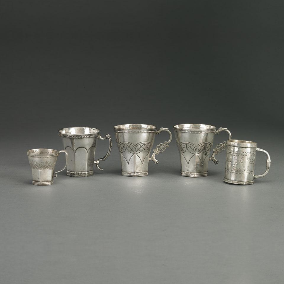 Five South American Silver Small Mugs, 19th century