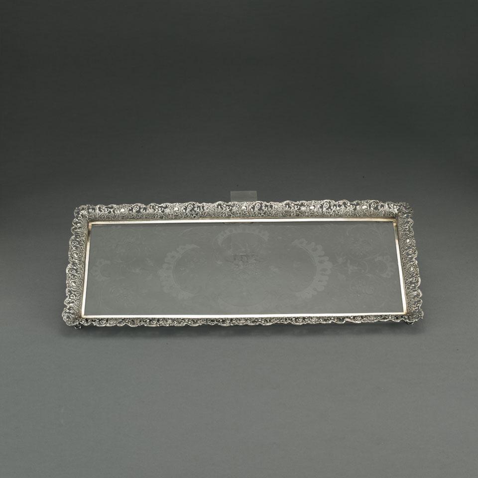 German Silver Mounted Etched Glass Rectangular Tray, c.1900
