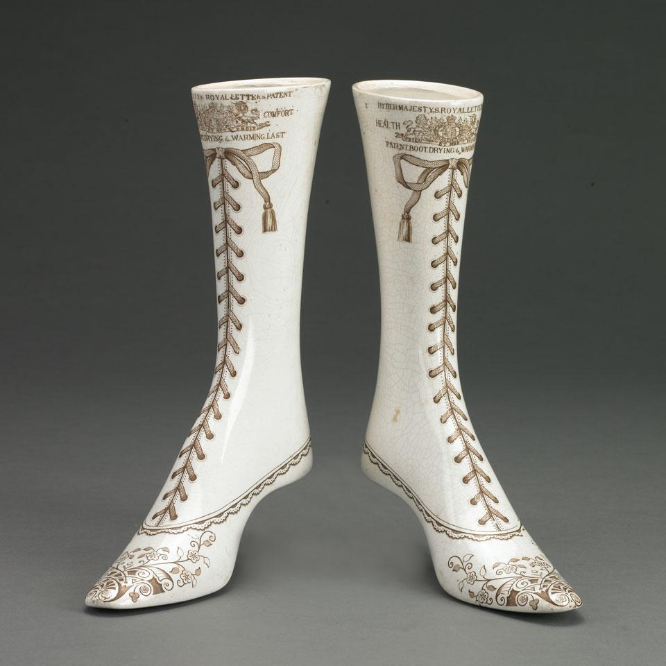 Pair of English Earthenware Ladies Patent Boot Drying Lasts, c.1880