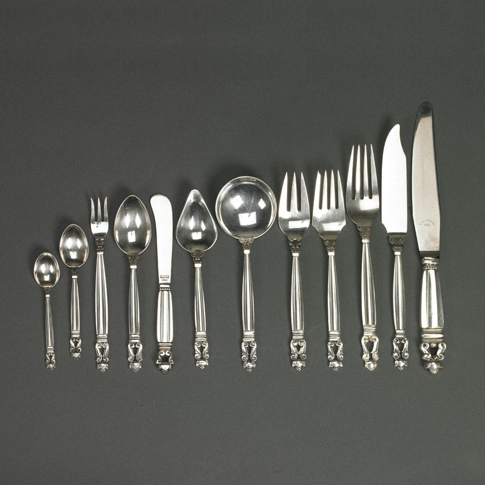 Danish Silver ‘Acorn’ Pattern Flatware, Johan Rhode for Georg Jensen, Copenhagen, 20th century