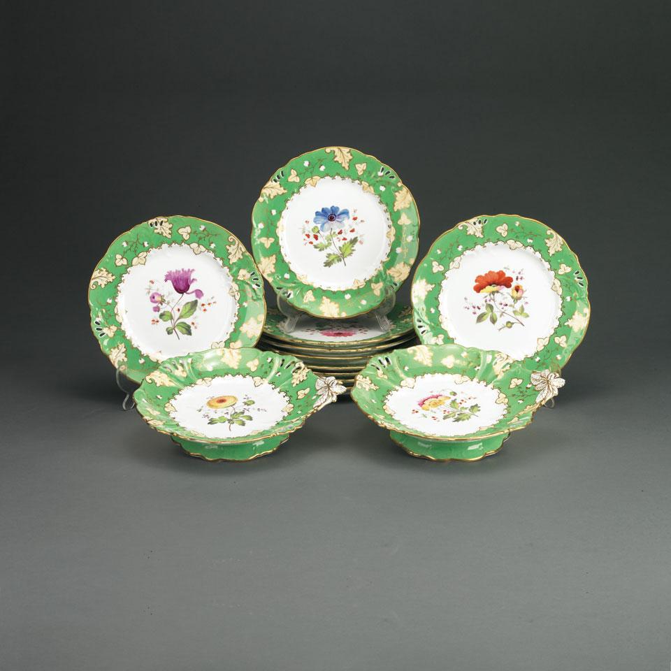 Ten English Porcelain Dessert Plates and Two Comports, c.1840