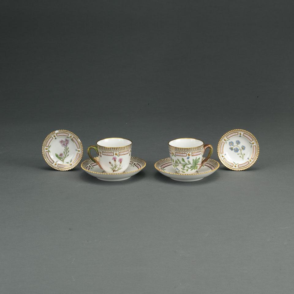 Two Royal Copenhagen ‘Flora Danica’ Coffee Cups and Saucers and Two Butter Pats, 20th century