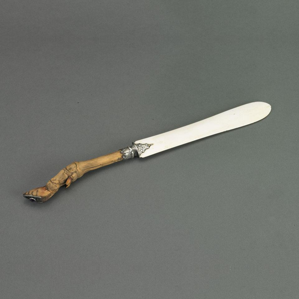 Engraved Silver Mounted Ivory Paper Knife with Jeweled Deer’s Foot Handle, 19th century