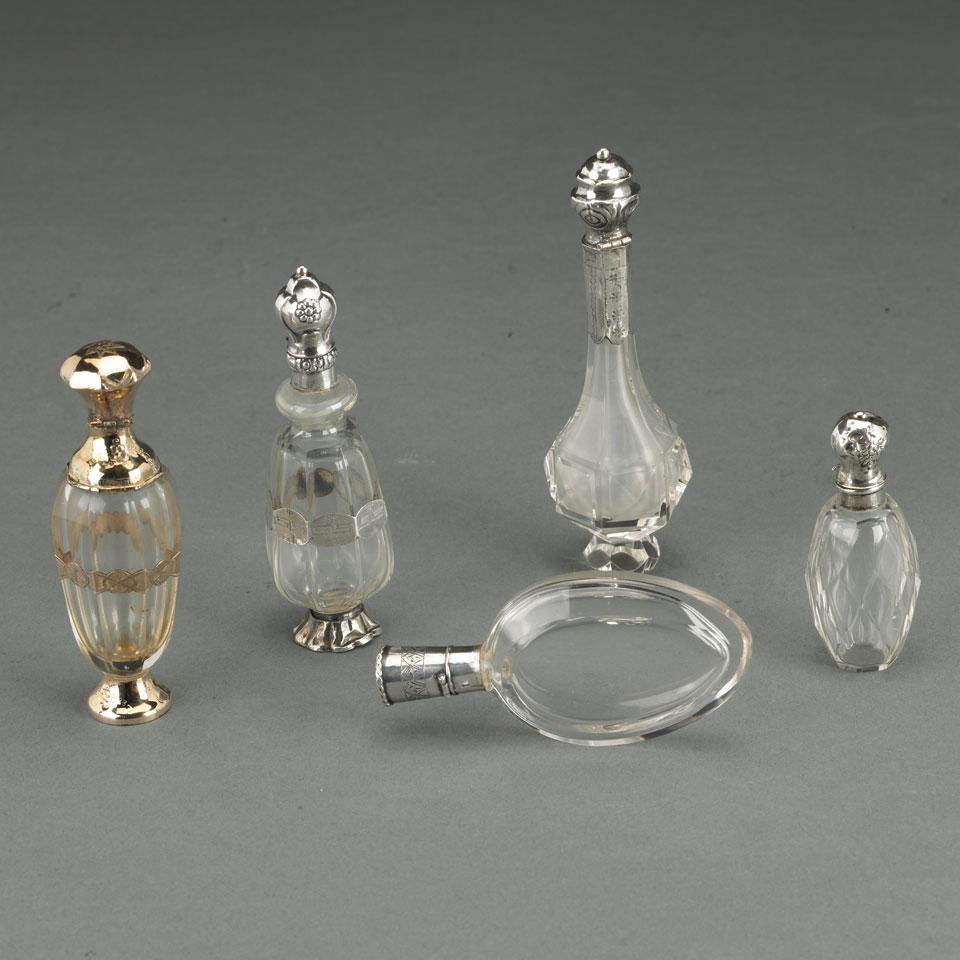 Five Dutch Gold and Silver Mounted Cut Glass Perfume Bottles, 19th century